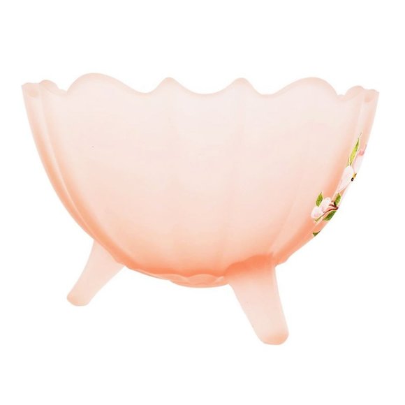 Satin Glass Hand Painted Pink Footed Bowl Scalloped Rim Ribbed Depression VTG - Picture 3 of 6